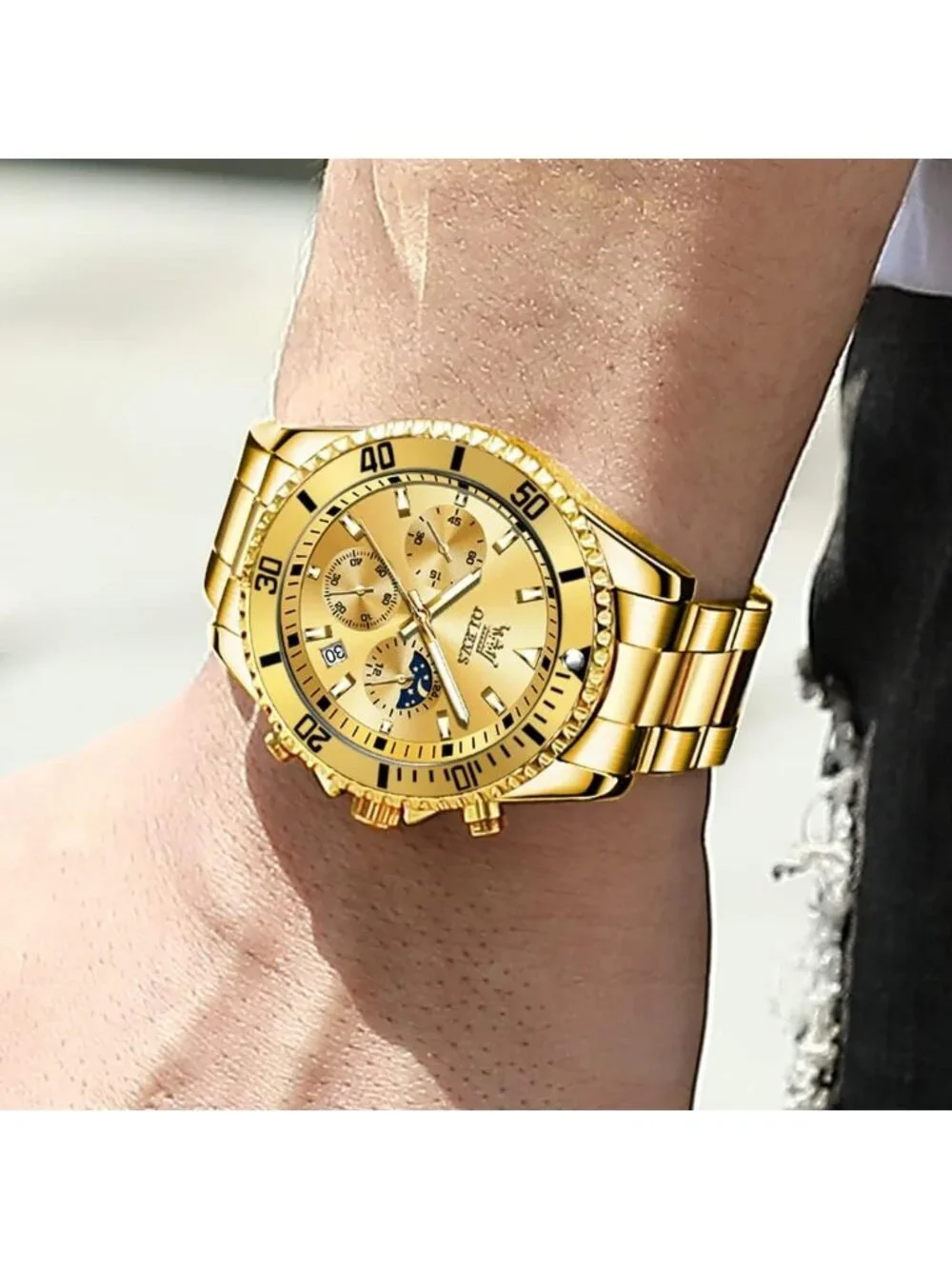Men's All Gold Premium Solid Stainless Analog Rotatable Bezel Date Steel Watch